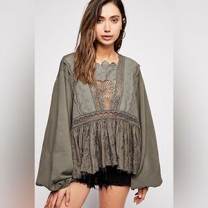 Free People Boho Embroidered Cotton Peasant Top Faded Green Layered Hem Size Sp